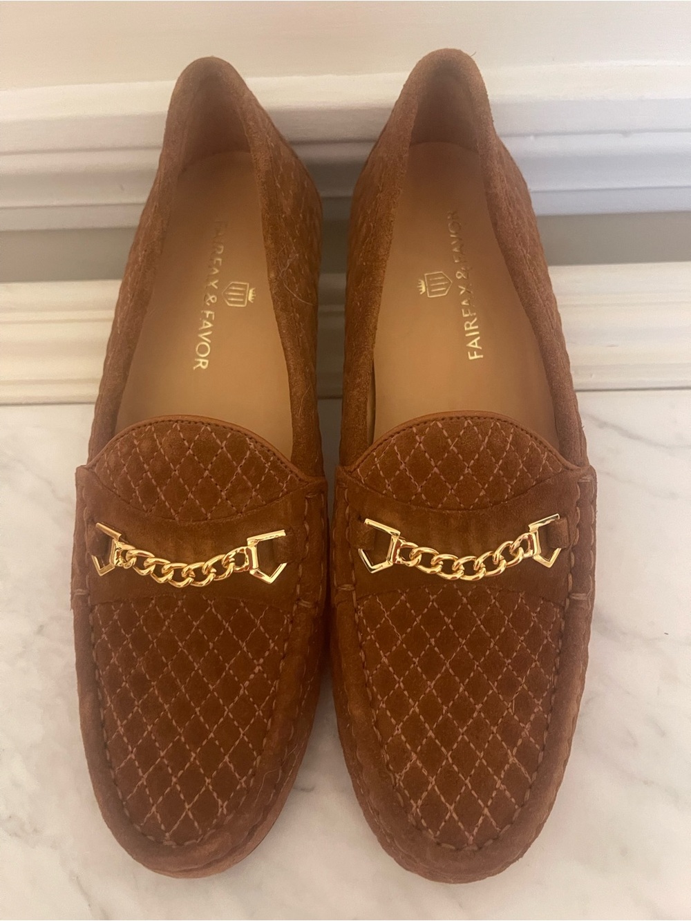 Fairfax & Favor Tan Quilted Suede Chain Loafers